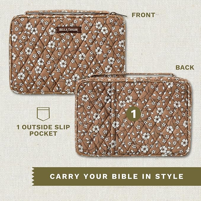 Bella Taylor Small Bible Cover for Women - Quilted Cotton Bible Case for 6 x 9 inch Books - Vintage Vine Brown