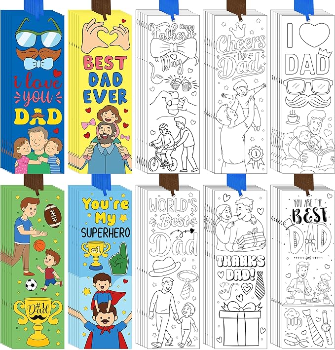100 Pcs Father's Day Color Your Own Bookmarks for Kids, Bulk Dad DIY Coloring Blank Bookmarks with Ribbons, School Classroom Home Art Crafts Kits Activity, Happy Father's Day Gifts from Daughter Son
