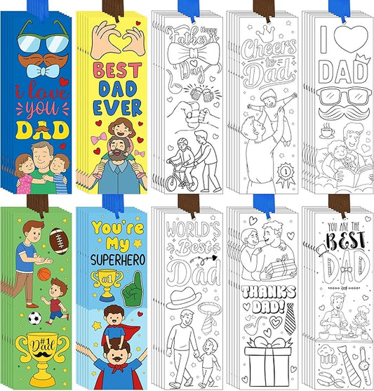 100 Pcs Father's Day Color Your Own Bookmarks for Kids, Bulk Dad DIY Coloring Blank Bookmarks with Ribbons, School Classroom Home Art Crafts Kits Activity, Happy Father's Day Gifts from Daughter Son