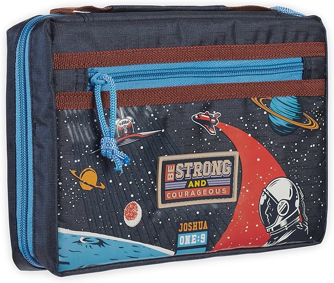Christian Art Gifts Fashion Polyester Bible Cover for Boys & Girls: Be Strong Inspirational Scripture, Blue Multicolor Outer Space Travel Theme, Sturdy Pockets, Zippered, Pen Loops, Easy Carry, Small