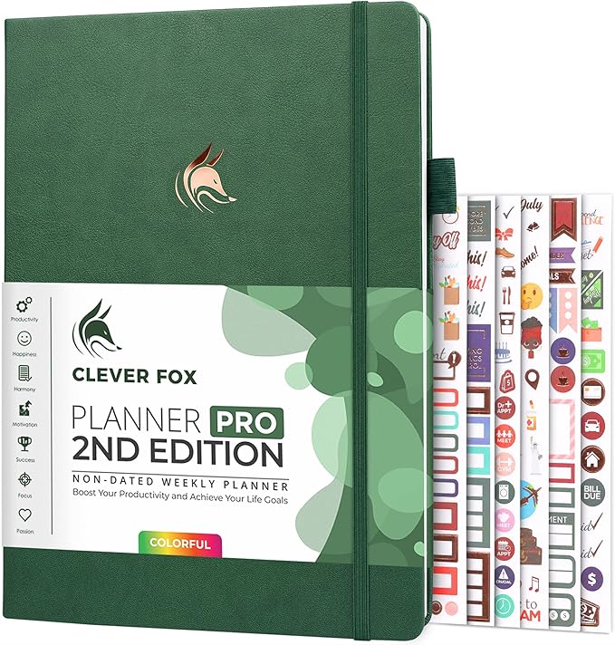 Clever Fox Planner PRO 2nd Edition – Undated Weekly Agenda Planner for Setting Goals, Tasks & Time Management – Life Organizer with To-do Lists & Habit Trackers – Large, 8.5x11″ (Forest Green)