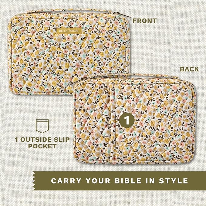 Bella Taylor Small Bible Cover for Women, Quilted Cotton Fabric Bible Case for 6 x 9 inch Bibles, Prairie Meadow