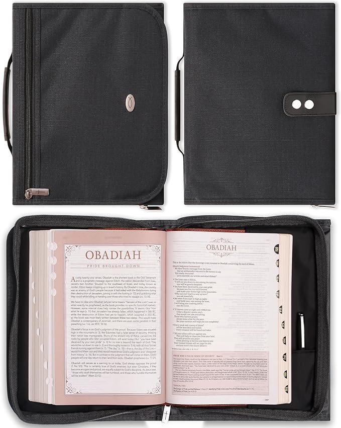 Christian Art Gifts Jesus Fish Badge Men/Women Tri-Fold Organizer Bible Cover Zipper Closure, Black Canvas, Large