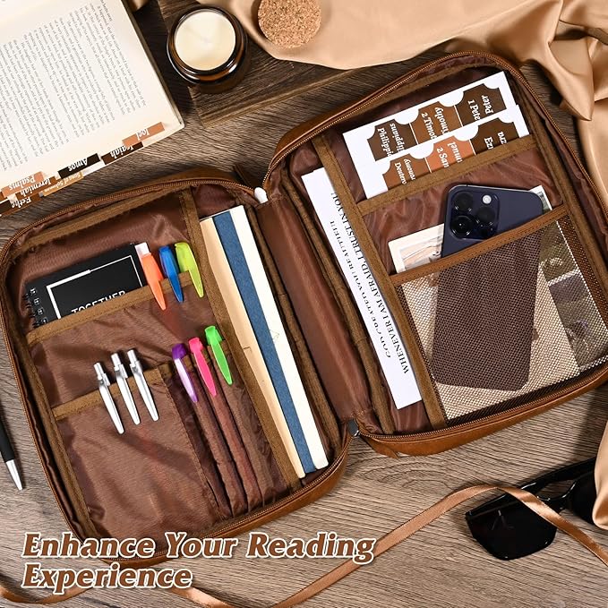 Leather Bible Cover for Men Large Bible Carrying Case with Handle Pockets Bible Book Cover with Highlighters Tabs For Church Prayer Meetings Study Supplies Accessories
