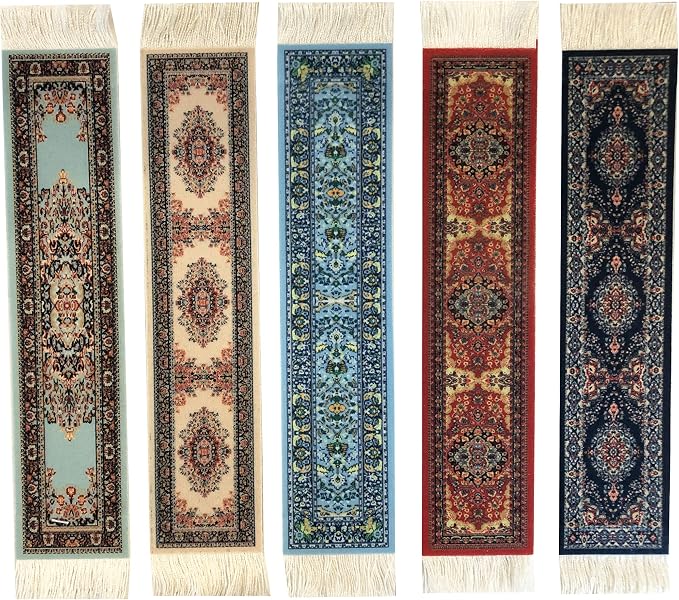 Set of 5 Rug Bookmarks, Colorful Carpet Book Marks for Reading, Miniature Oriental Style Design, Novelty Office Accessories