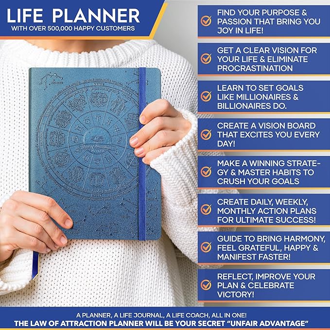 Deluxe Weekly and Monthly Planner | Law of Attraction Planner with Productivity App | 12-Month for Productivity, Gratitude & Goal Setting | Includes Foldable Vision Board, Gift Box & Stickers