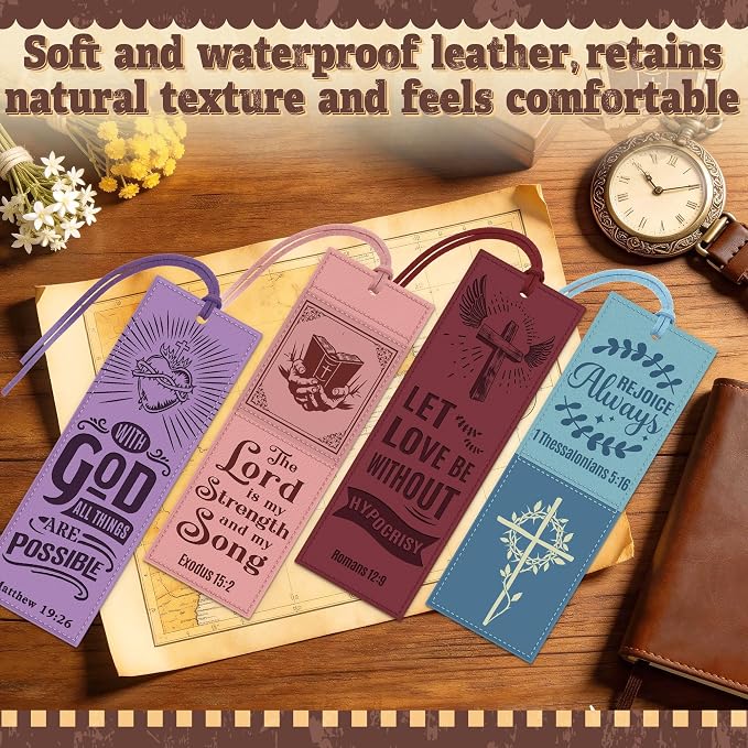 12PCS Leather Bookmark Bible Bookmarks for Reading Women Men Teacher Book Lovers Gifts, Vintage Religious Christian Bookmark Page Markers Inspirational Bible Verse Scripture Book Marks (Morandi,)