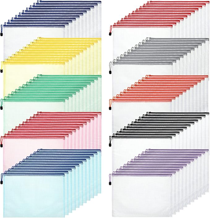 Zhehao 100 Pcs A4 Mesh Zipper Pouch Bag Bulk Mesh Pouch with Zipper Waterproof Clear Storage Bag for School Office Supplies Cosmetics Travel(A4(13.19 x 9.45 in),Vivid Color)