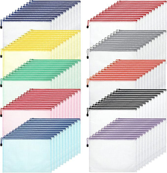 Zhehao 100 Pcs A4 Mesh Zipper Pouch Bag Bulk Mesh Pouch with Zipper Waterproof Clear Storage Bag for School Office Supplies Cosmetics Travel(A4(13.19 x 9.45 in),Vivid Color)