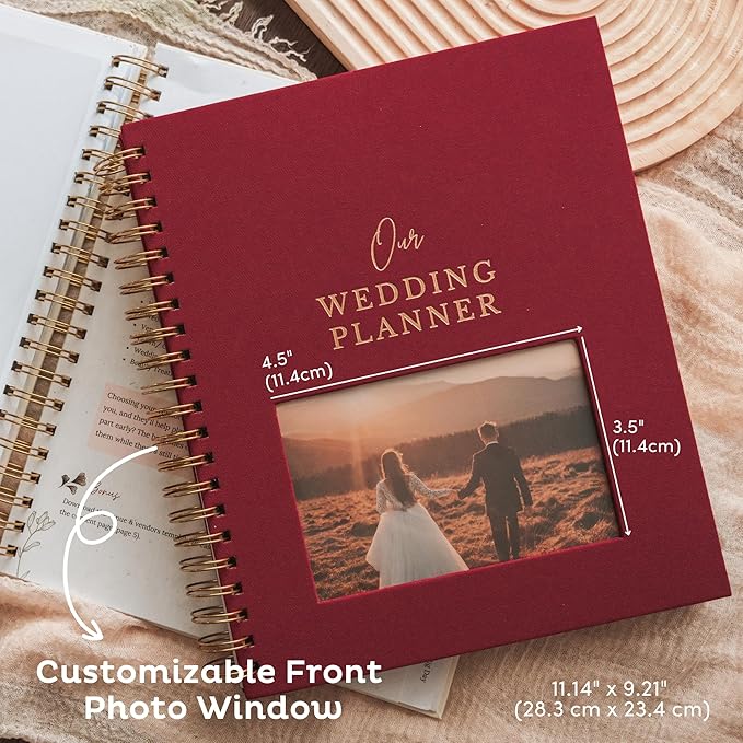 Timeless Premium Linen Wedding Planner Book and Organizer – Wedding Planning Book, Comprehensive Keepsake & Countdown Binder, Perfect Engagement Gift for Women, Customizable Front Photo Window (Rose)