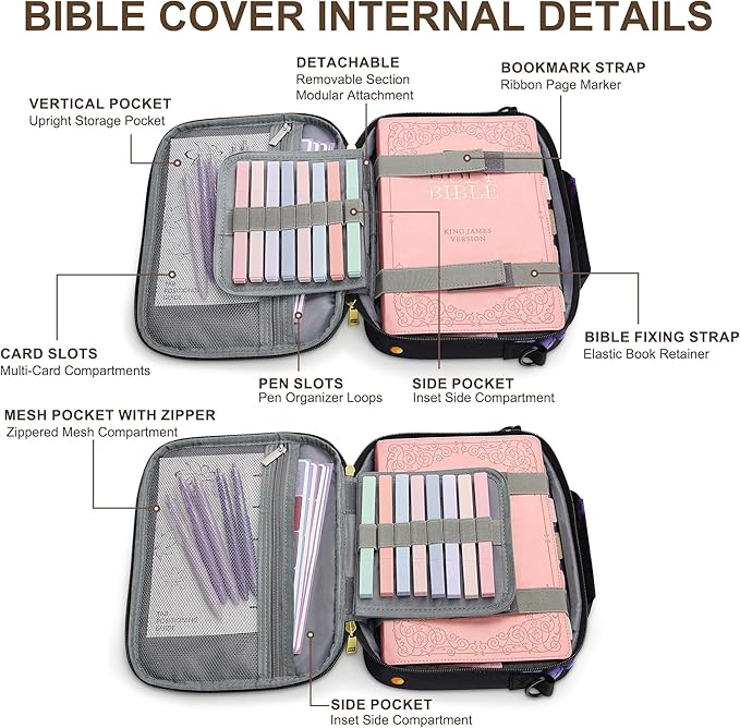 Bible Cover for Women, Bible Holder, Bible Cover Carrier Carrying Organizer Bag, God is Within Her She Will Not Fall, Zipper and Pockets for Standard Size Bible, Gift for Women（purpleLetter）