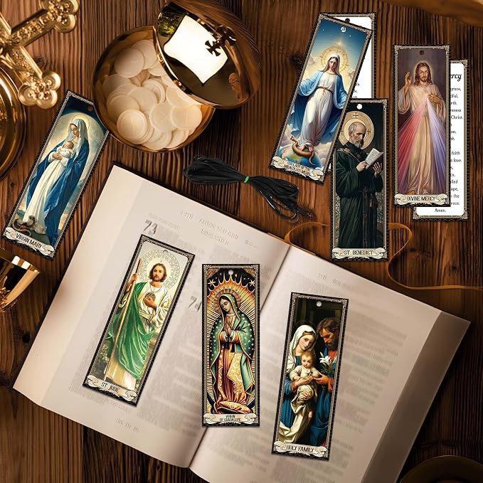 Bozidol 20 Pcs Catholic Saints Bookmarks with Holy Prayer, Religious Christian Gifts for Women Men Mother Father Godfather Godmother Church Sunday School Home Party Favors