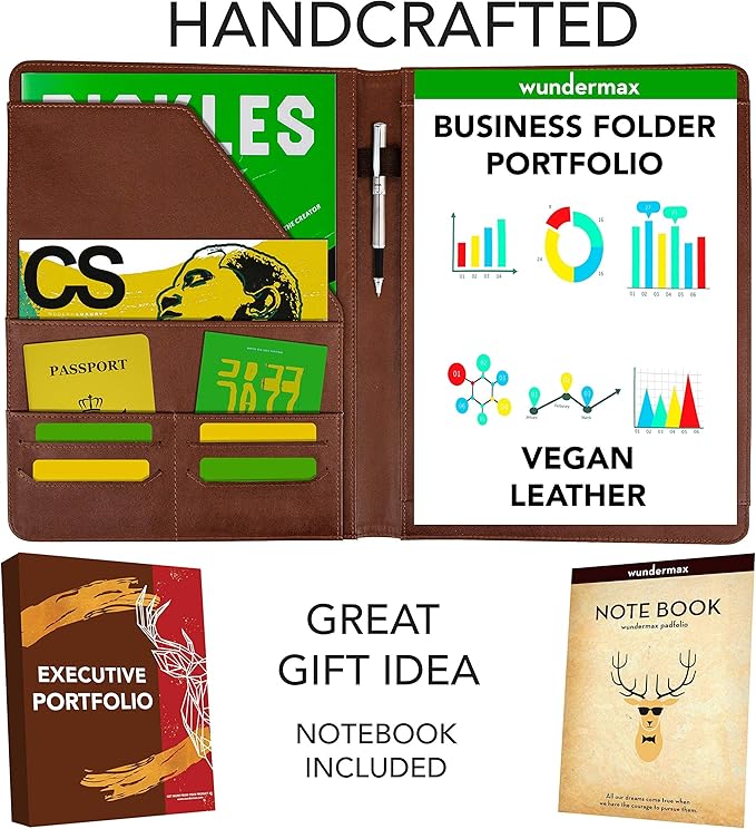 Wundermax Portfolio Binder - 12.8 x 9.8 x 0.6 Inch Vegan Leather Padfolio for Women and Men w/Notepad, Pockets for Tablet, Resume and Documents - Brown