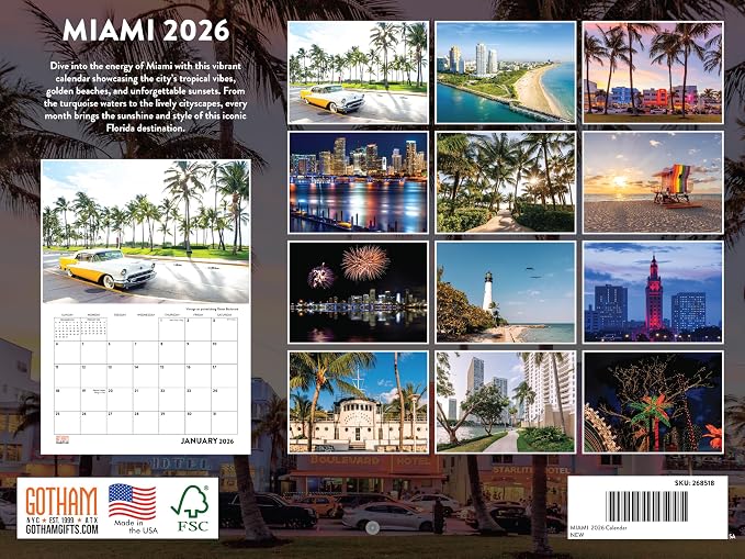 Miami Calendar 2026 Wall 12 Month Monthly FL Scenic Souvenirs Floridian Themed Gifts | American Made In The USA