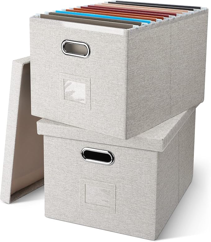 Graciadeco File Organizer Box, Collapsible Storage Filling Collectior with Lid for Letter Legal Size Hanging Folders Decorative Linen File Folder Box Document Storage Filing Bin, Beige 2 Pack