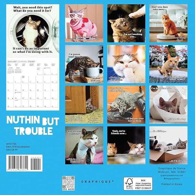 Graphique 2026 Nuthin' But Trouble Mini Wall Calendar | 7” x 7” | Thick Paper | Home & Office Organizer | Large Monthly Grid | 3 Languages & Marked Holidays | 4 Month Preview Page for 2027