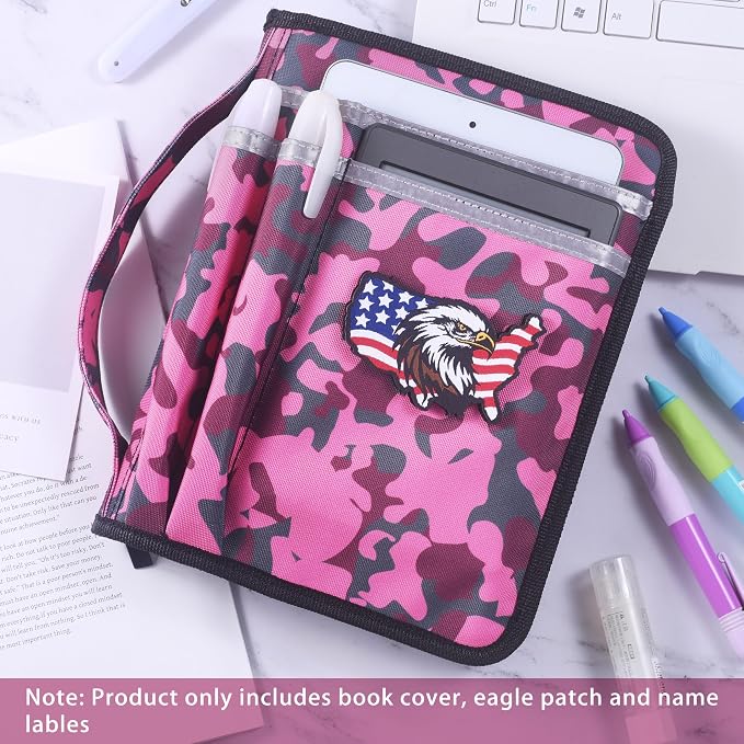LParkin Pink Camo Scout Book Cover for Handbook 14th Edition, Waterproof Book Sleeve with 32 Name Labels & Eagle Patch, Unique Gifts for Girl Scouts