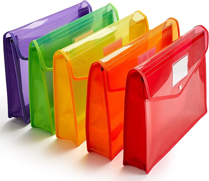 Plastic File Folder Poly Envelope Expanding File Wallet Document Folder with Snap Button Closure, Legal Size, 5 Pack Large Waterproof Accordion File Pouch (Assorted Colors)