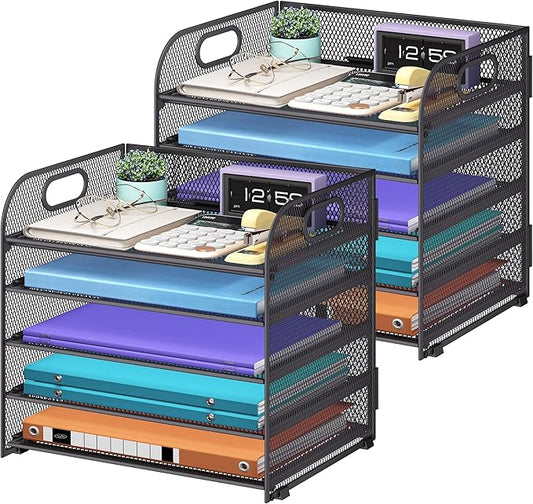 Cawukege 2 Pack 5 Tier Paper Organizer, Letter Tray with Handle, Mesh Desk Organizer, Metal File Organizer, Office Desk Accessories for Home, Office, Classroom, School -Grey