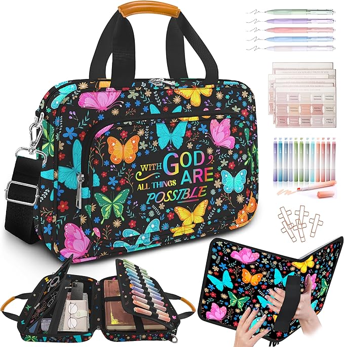 Bible Cover for Women,Bible Carrying Case,Large Bible Bag for Woman Organizer,Butterfly Bible Holder,With God All Things Are Possible,Bible Study Supplie Kit With Highlighters,Tabs,Pens,Christian Gift