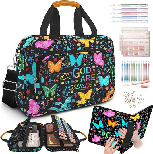 Bible Cover for Women,Bible Carrying Case,Large Bible Bag for Woman Organizer,Butterfly Bible Holder,With God All Things Are Possible,Bible Study Supplie Kit With Highlighters,Tabs,Pens,Christian Gift
