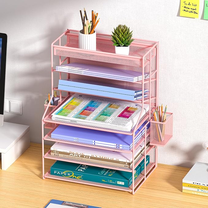 Pink 7 Tier Desk File Organizer, Letter Tray Paper Organizer with Pen Holder and Metal Hanging Basket, Adjustable Vertical Desk Organizer for Office Desk Accessories