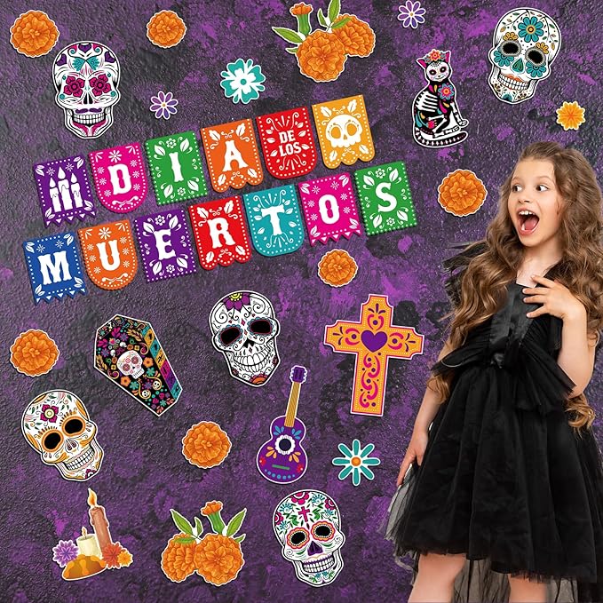 HOWAF 36 PCS Day of The Dead Bulletin Board Decorations, Dia De Los Muertos Mexican Paper Cutouts Bulletin Board Stickers with Glue for Classroom School Party Supplies Skull Cat Chrysanthemum Cutouts