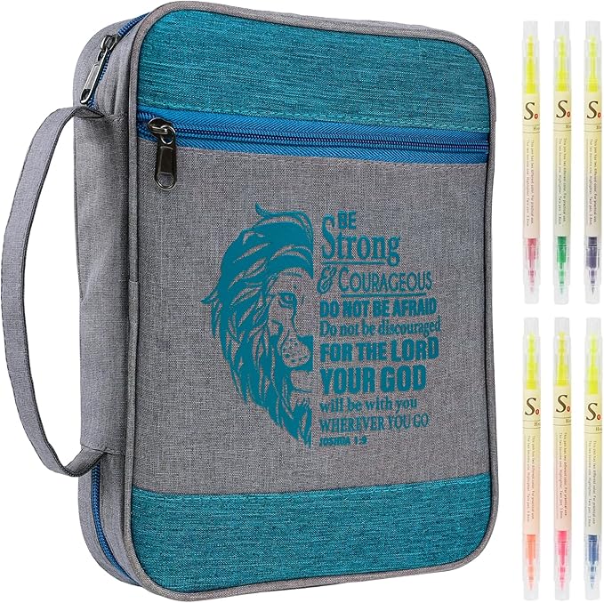 Faithful Hers Bible Cover for Mens Bible Case with 6 highlighters Lightweight Nylon Carrying Bag Multifunction Church Study Book Carrier with Handle Christian Gifts