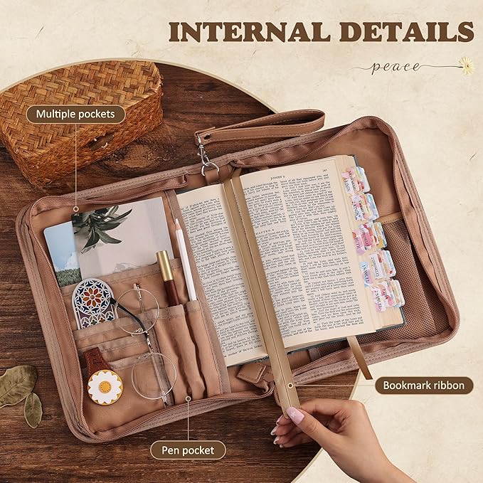 Vintage Bible Cover Case, Genuine PU Leather Large Bag with Handle & Zippered Pocket, Elegant Floral Pattern, for Standard Size & Bible Accessories, Ideal Gift for Women Families Faith Lovers