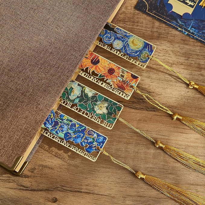 4 PCS Metal Bookmark with Tassel, Van Gogh Art Book Marks for Reading Women & Men,Book Lover Gifts for Teacher, Writers, Readers