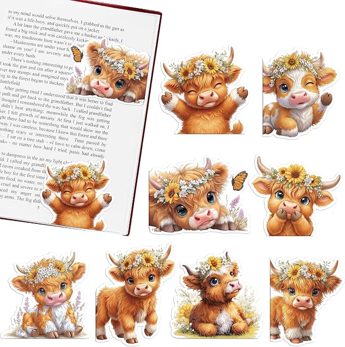Highland Cow Bookmark Gifts - 8 Pcs Cute Animals Magnetic Bookmarks for Women Book Lovers Students Floral Page Clips Office Reading Accessories Bookworms Gift for Birthday Christmas