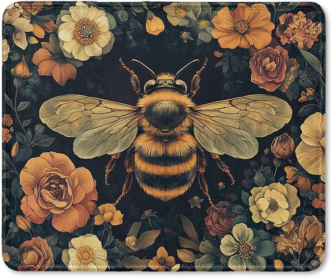 Vintage Moody Floral Bee Mouse Pad, Dark Cottagecore Botanical Bumblebee Insect Mousepad for Home Office Dorm Computers Laptop Supplies Desk Accessories,Bee Lover Gifts, 9.5x7.9 Inch