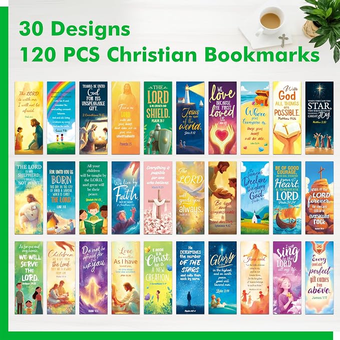 120 PCS Bible Verse Bookmarks, 30 Delicate Designs Mini Prayer Cards Cartoon Style Motivational Inspirational Quote Page Marks for Bible Study, Religious, Christian, Book Lovers
