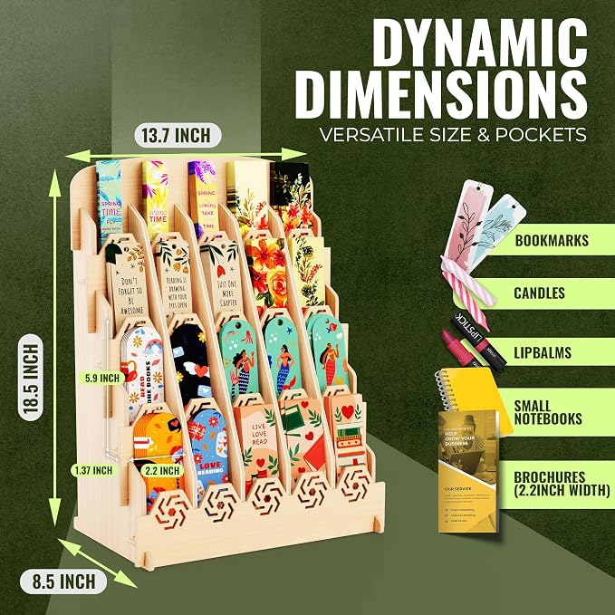 HOTCAN Bookmark Holder Display Stand for Vendors | Wooden Bookmark Booth Display Items with 20 Shelf Pockets | Customizable Space and Mobile Friendly Design Ideal for Craft Fairs, Vendor Booths, Shops