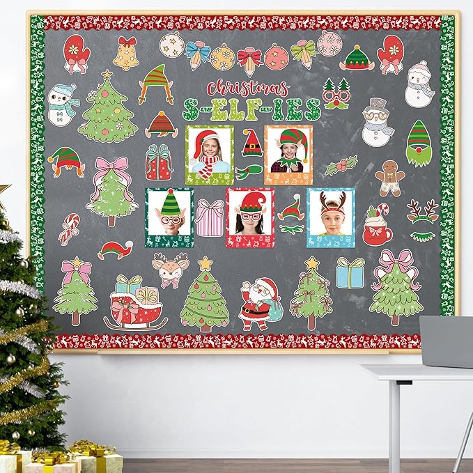 155Pcs Christmas Selfie Bulletin Board Decoration Set, Christmas Headwear Paper Cutouts DIY Photo Craft Cutouts Bulletin Board Border Trim, Classroom Chalkboard Supplies Wall Door Decor