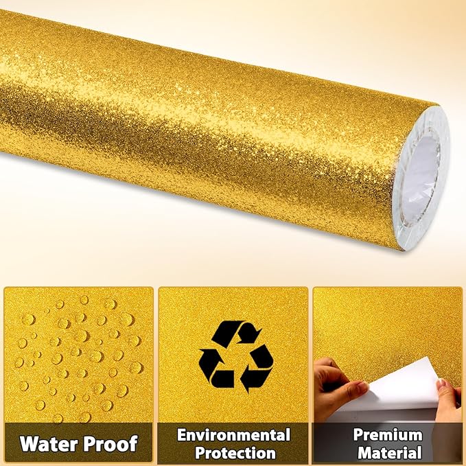 Glitter Bulletin Board Paper Roll Sparkle Wrapping Paper Bulletin Board Decor Glitter Poster Gift Wrapping DIY Art Crafts Wallpaper Background for Home Office Classroom Decoration 17" x 20ft, Gold
