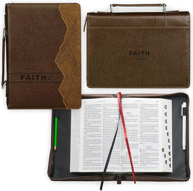 Christian Art Gifts Classic Premium Vegan Leather Inspirational Bible Cover for Men & Women: Faith Moves Mountains Encouraging Bible Verse, Easy Carry Zippered Case, Pen Loops, Pockets, Brown, Large