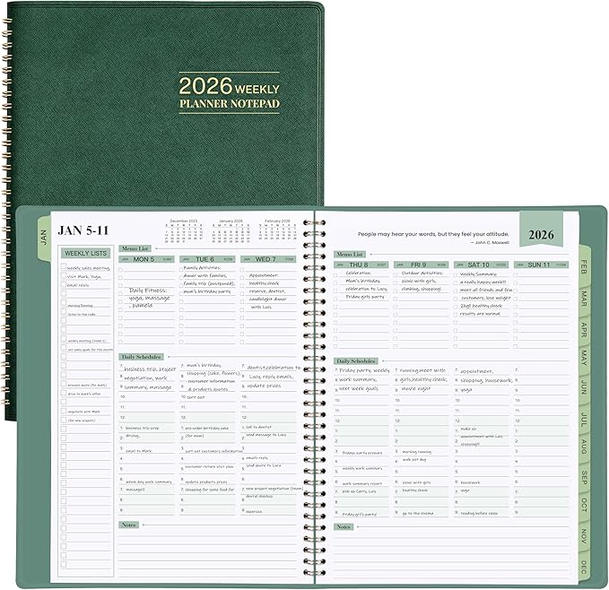 2026 Planner - 11.38'' x 8.74'', Weekly & Monthly Planner Notepad, Jan. 2026 - Dec. 2026, Appointment Book, 60 Minutes Interval, Monthly Tabs, Faux Soft Leather, Spiral Bound - Green