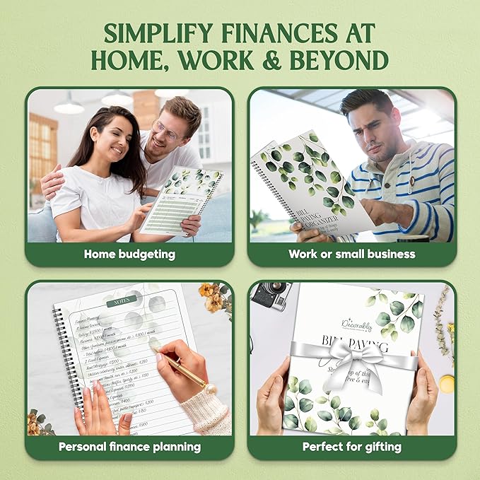 Decorably 14 Pocket Pages Undated Eucalyptus Bill Payment Tracker Monthly Organizer, 9x12in Spring-Bound, with Notes and Stickers for Listing Payments, Expenses and Receipts - Home, Work