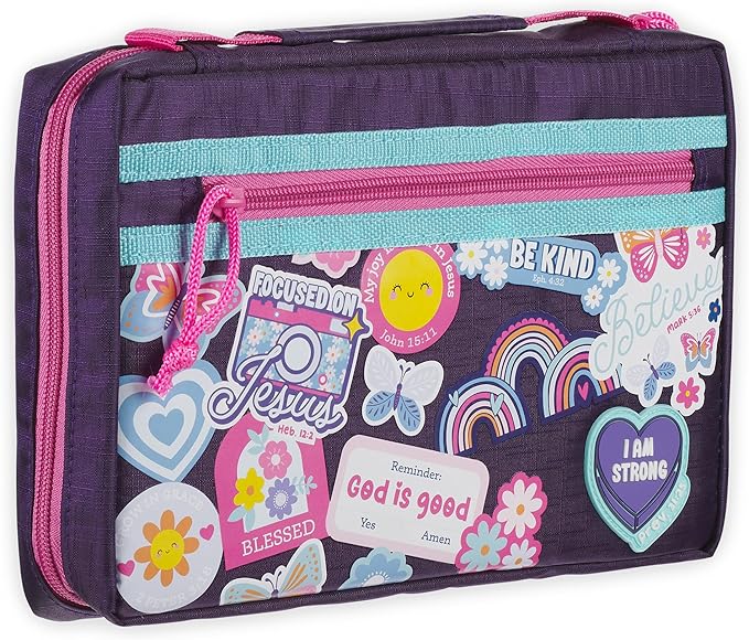 Christian Art Gifts Sturdy Polyester Fashion Bible Cover for Girls: I Am Strong Inspirational Scripture, Multicolor Stickered Design, Secure Zipper Pocket, Flowers & Rainbows, Purple & Pink, Medium