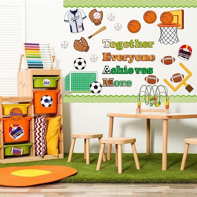 77Pcs Team Spirit Sport Bulletin Board Decoration Back to School Set Together Everyone Achieves More Basketball Football Cutouts Name Tags Motivational School Chalkboard Wall Door Supplies