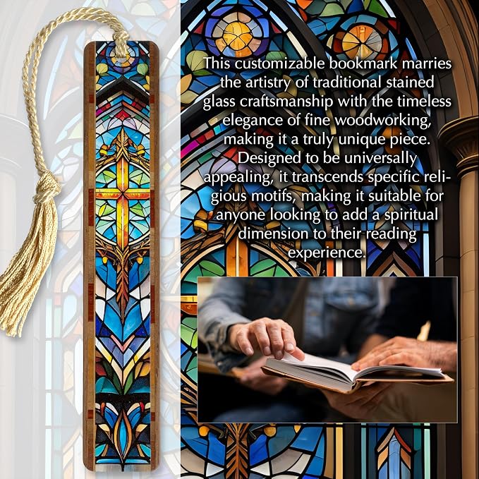 Gold Cross Personalized Wooden Bookmark | Stained Glass Inspired Christian Cross Design | Custom Engraved Religious Gift for Christians, Pastors & Church Members | Handmade in the USA