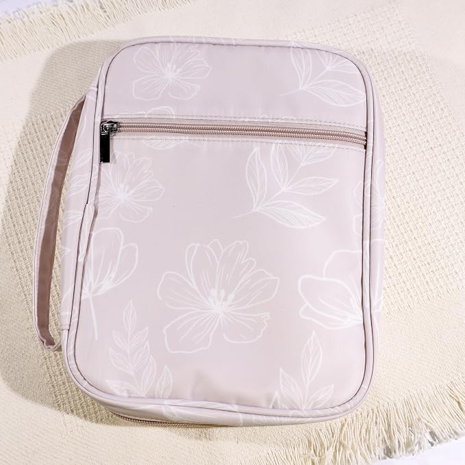 Idyllic Grace - Flowers & Cream - Bible Cover - Bible Tote Bag - Zippered Bible Carrying Case - Handle - Bible Accessories - Christian Gifts - Holds Pens - Notes - Bibles - Size: 7.5 x 10 x 2.5 inches