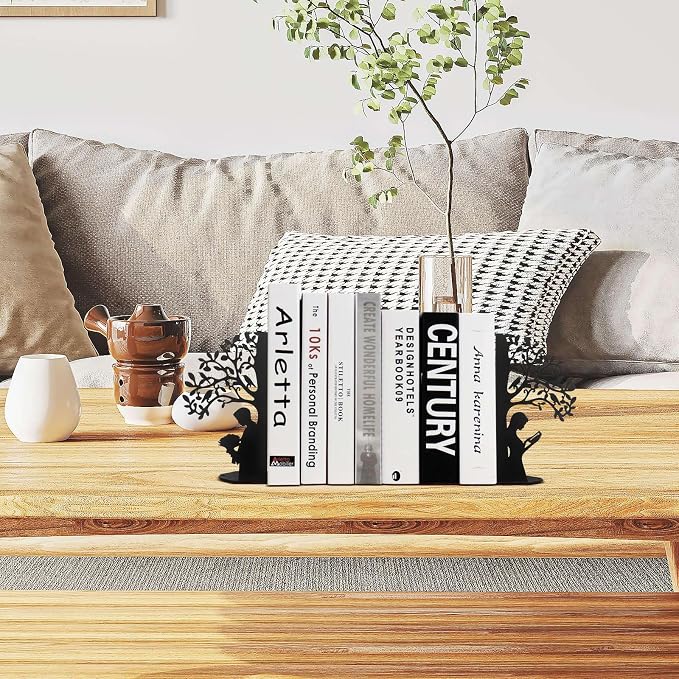 Tree of Life Bookends Decorative Couple Book Ends for Shelves, Black Metal Bookends for Heavy Books, Book Organizer for Desk Bookshelf Home Office Book Stopper Valentines Day Gifts