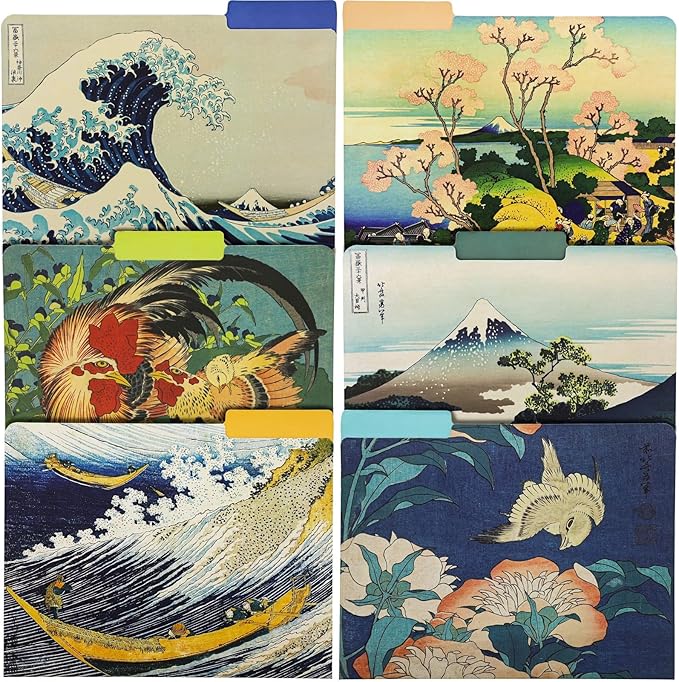The Gifted Stationery 12 Pack Hokusai Floral File Folders, Decorative 1/3 Cut Tab, Letter-Size Holders for Home Office in 6 Patterned Designs - Decorative File Folders