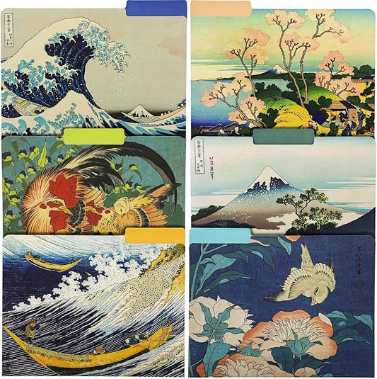 The Gifted Stationery 12 Pack Hokusai Floral File Folders, Decorative 1/3 Cut Tab, Letter-Size Holders for Home Office in 6 Patterned Designs - Decorative File Folders
