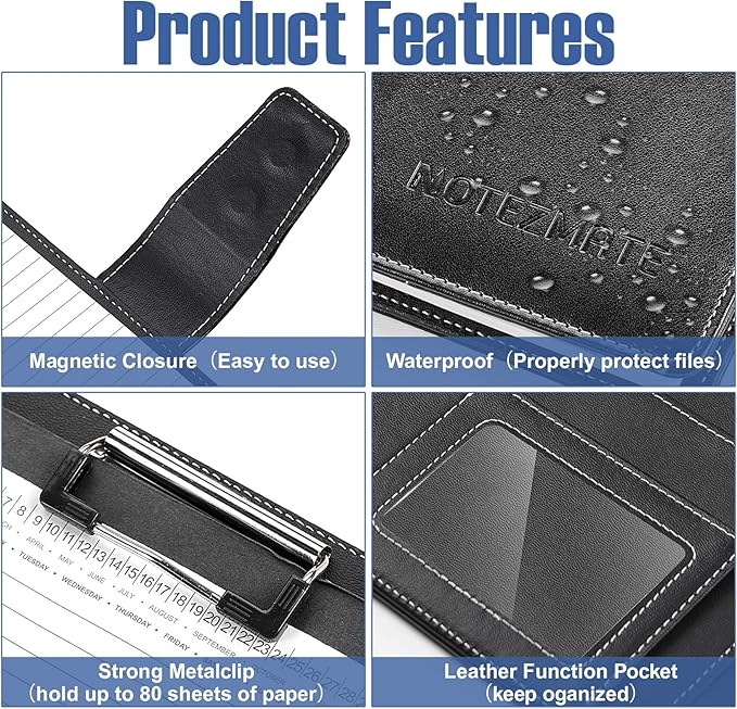 Padfolio Notepad Holder with Clipboard,A5 Faux Leather Padfolio Folder for Interview Resume,Magnetic Closure Legal Pad Folder with Business Holder,2 Pens & 5x8 Writing Pad for Office,Black