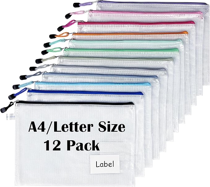 12 Pack Letter/A4 Size Mesh Zipper Pouch Bags with Label Pocket, Zip-lock Tuff Bag for Documents Classroom Travel Organizing, Puzzle Board Game Storage – 13.4×9.5 Inch