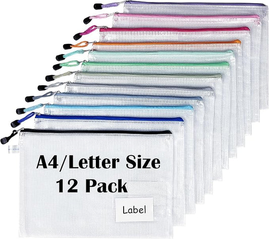12 Pack Letter/A4 Size Mesh Zipper Pouch Bags with Label Pocket, Zip-lock Tuff Bag for Documents Classroom Travel Organizing, Puzzle Board Game Storage – 13.4×9.5 Inch