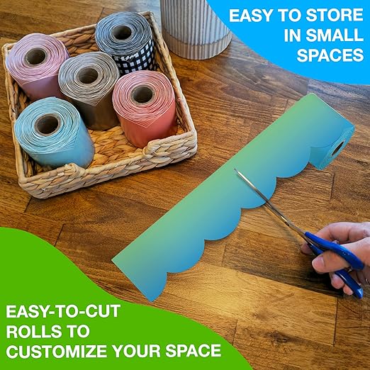IXL 65Ft of Gradient and Groovy Bulletin Board Border, 1 Roll of Scalloped Trim for Rolling Whiteboard, Cork and Posterboard, Party, Office Decorations, and Classroom Decor